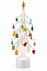 Pino Twist natalizio EDG Enzo De Gasperi H45 cm in vetro trasparente con decori multicolor, stella dorata, illuminazione LED e movimento.