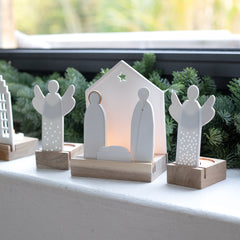 Porta Tealight Presepe in ceramica su base in legno - 4990433