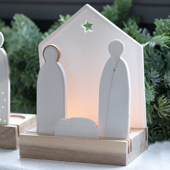 Porta Tealight Presepe in ceramica su base in legno - 4990433