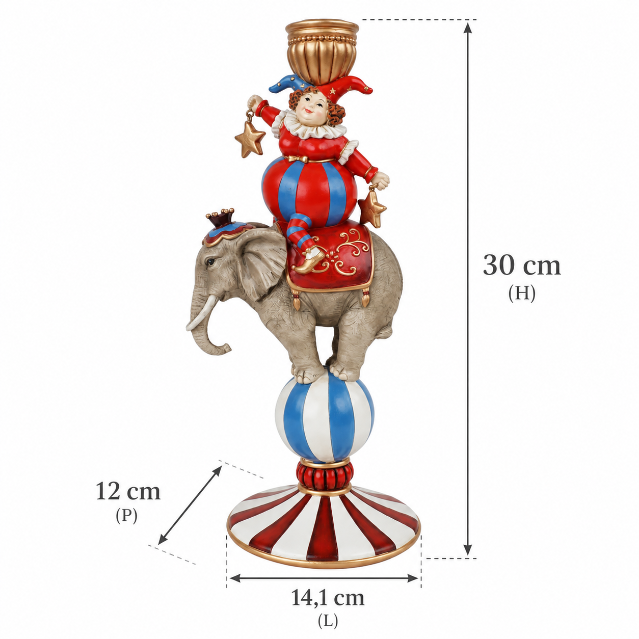 Portacandela natalizio Jolly su elefante in resina H30 cm con dimensioni 14,1 x 12 cm