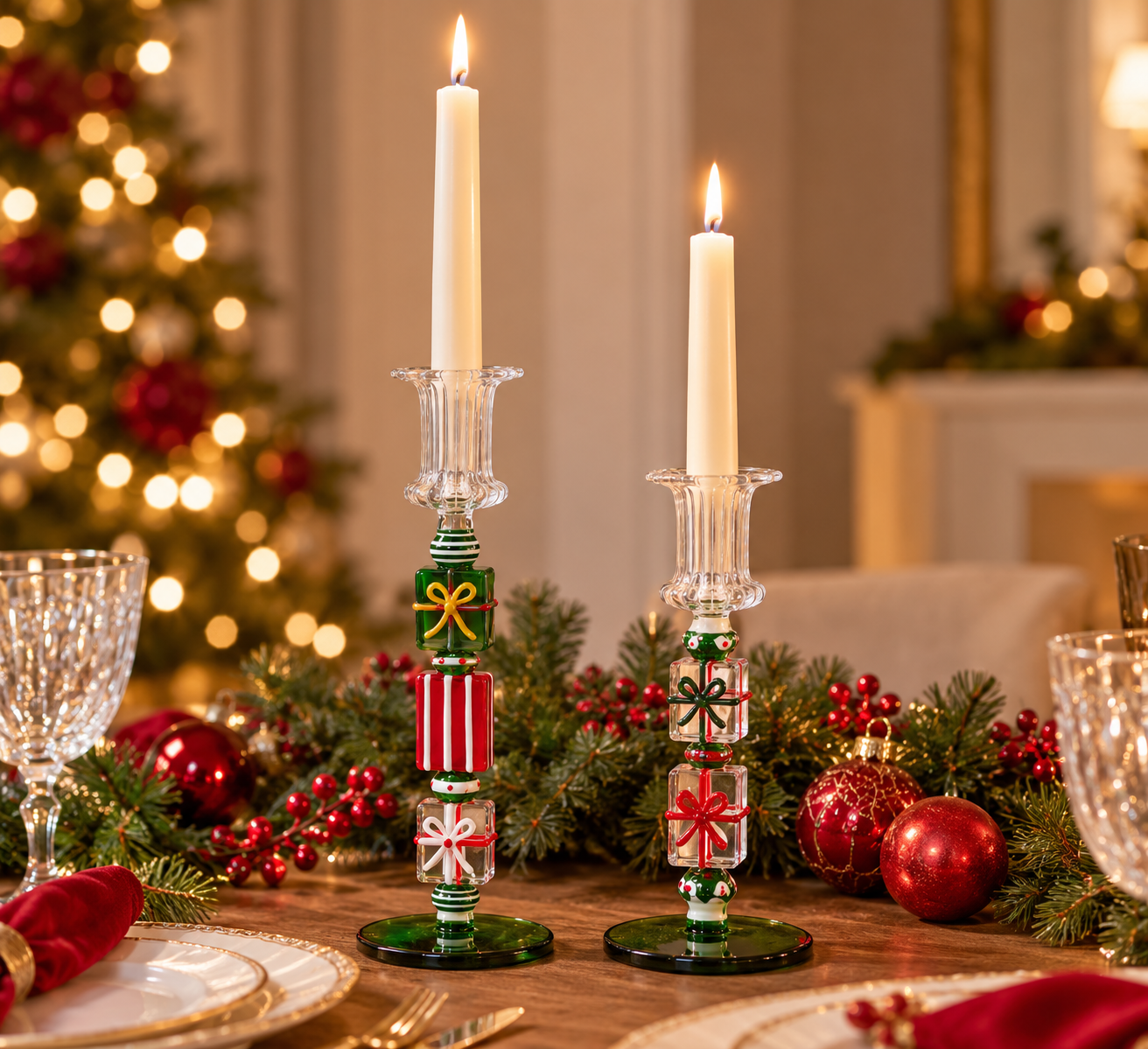 Portacandela Pacchi Regalo in vetro EDG Enzo De Gasperi H 22 e H 18,5 cm ambientati sulla tavola di Natale con candele stilo accese