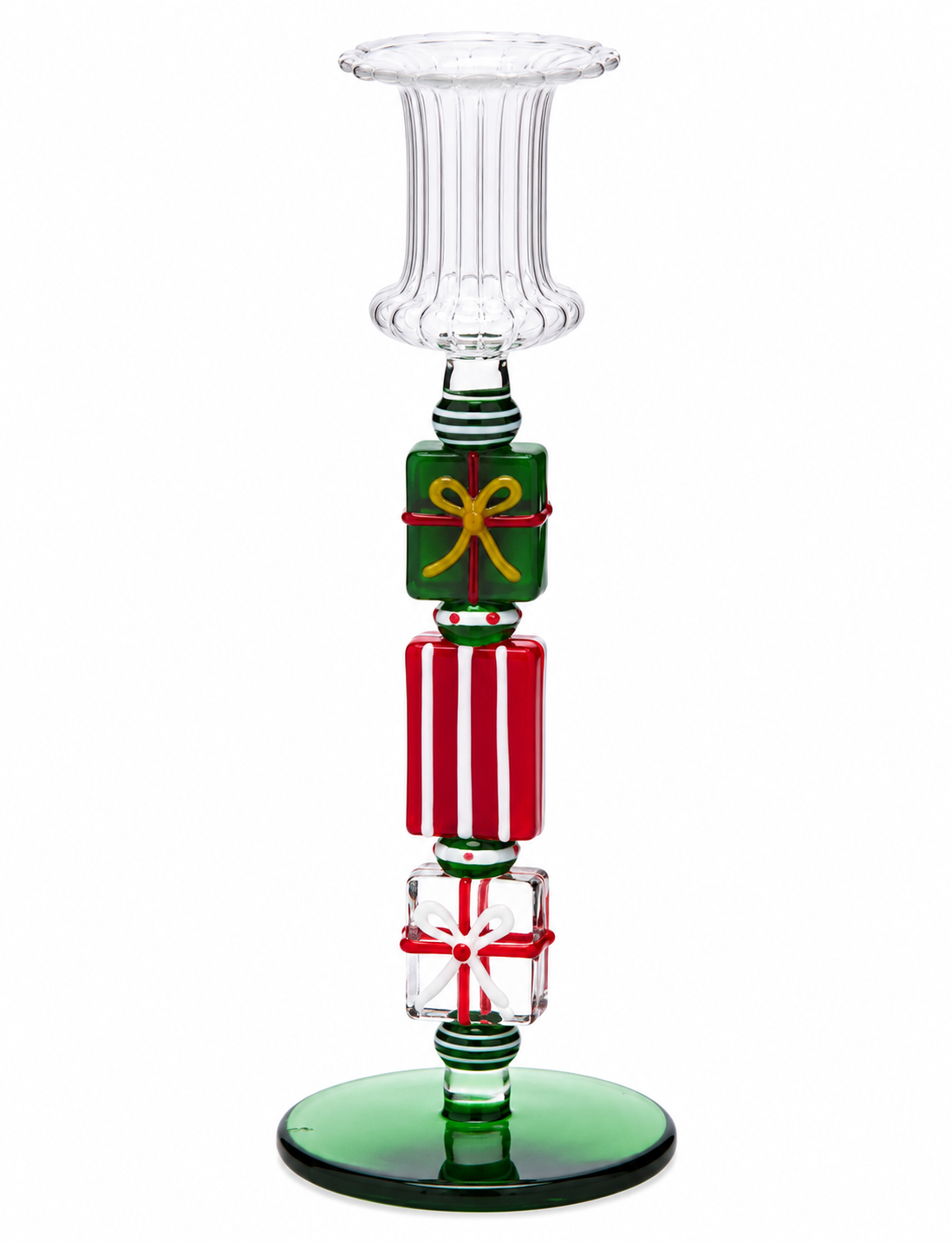 Portacandela Pacchi Regalo in vetro EDG Enzo De Gasperi H 22 × Ø 7,5 cm con dettagli rossi verdi e bianchi