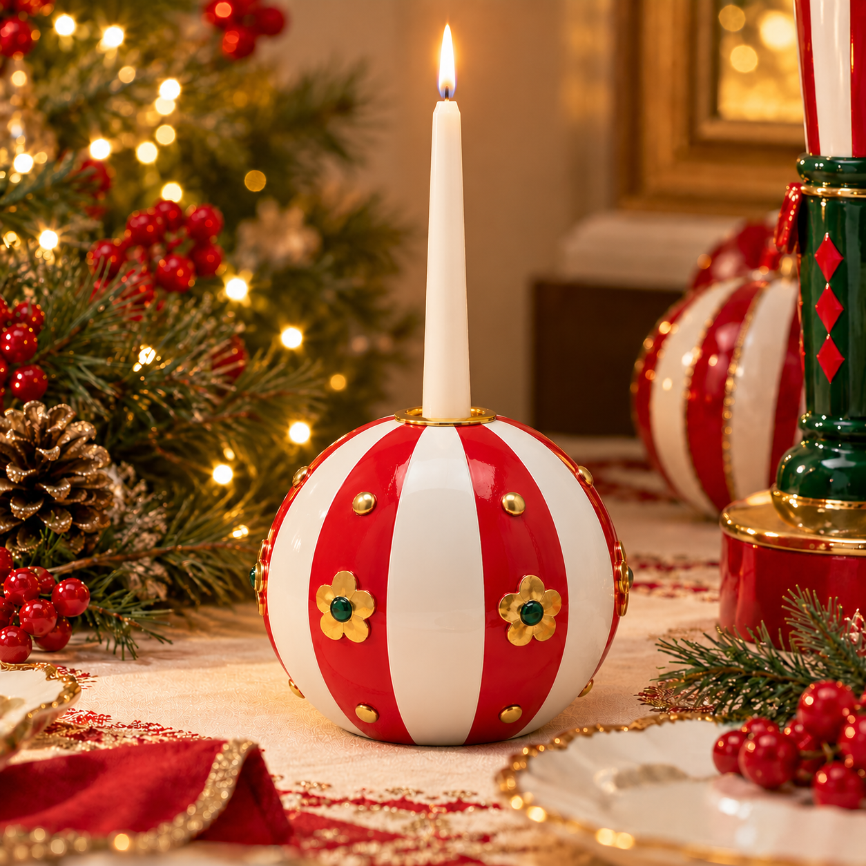 Portacandela Palla Xmas a Righe Rosso e Bianco EDG Enzo De Gasperi ambientato 