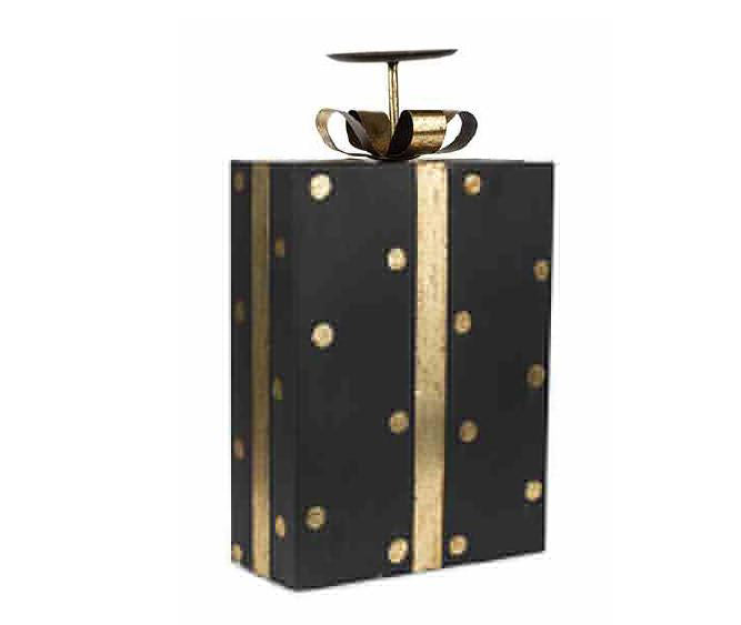 Portacandele a forma di pacco regalo nero a pois oro H37 - 1212932