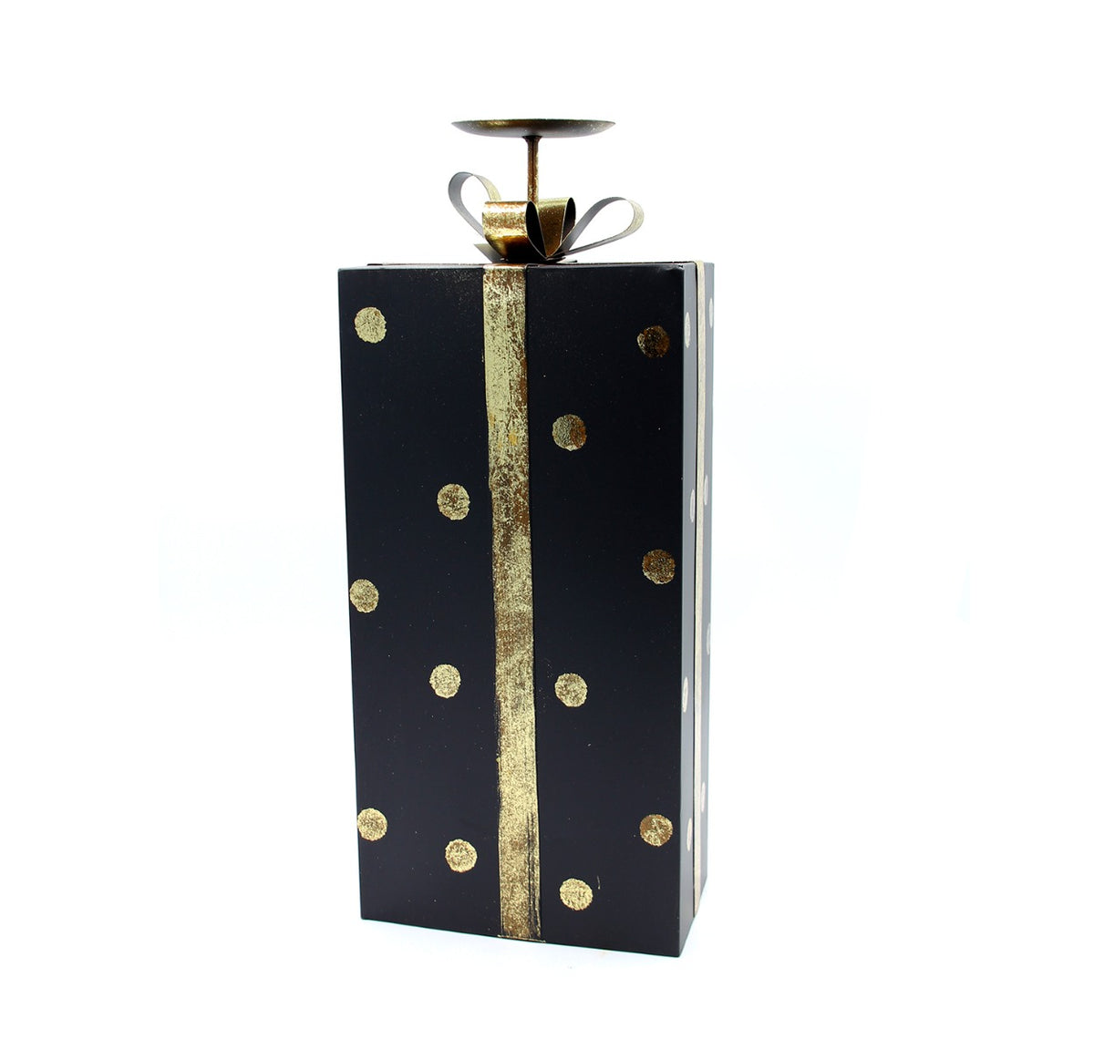 Portacandele a forma di pacco regalo nero a pois oro H48 - 1212931