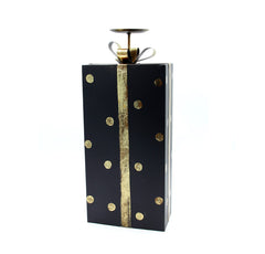 Portacandele a forma di pacco regalo nero a pois oro H48 - 1212931