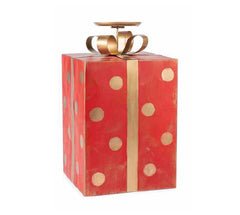 Portacandele a forma di pacco regalo rosso a pois oro H37 - 1212991