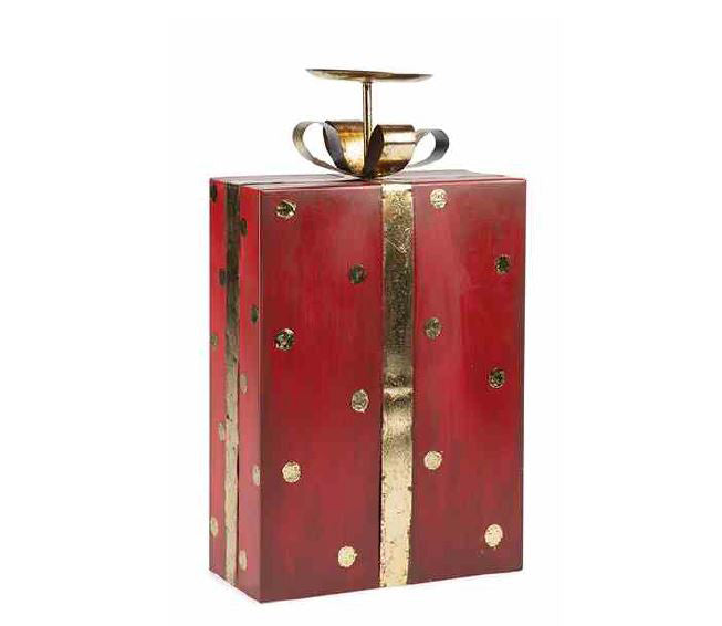 Portacandele a forma di pacco regalo rosso a pois oro H38 - 1212858