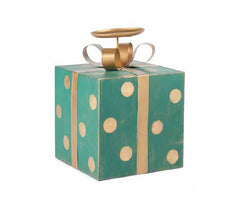 Portacandele a forma di pacco regalo verde a pois oro H28 - 1212985