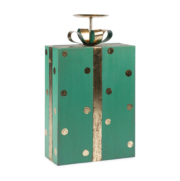 Portacandele a forma di pacco regalo verde a pois oro H38 - 1212857