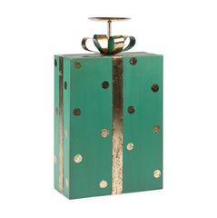 Portacandele a forma di pacco regalo verde a pois oro H38 - 1212857
