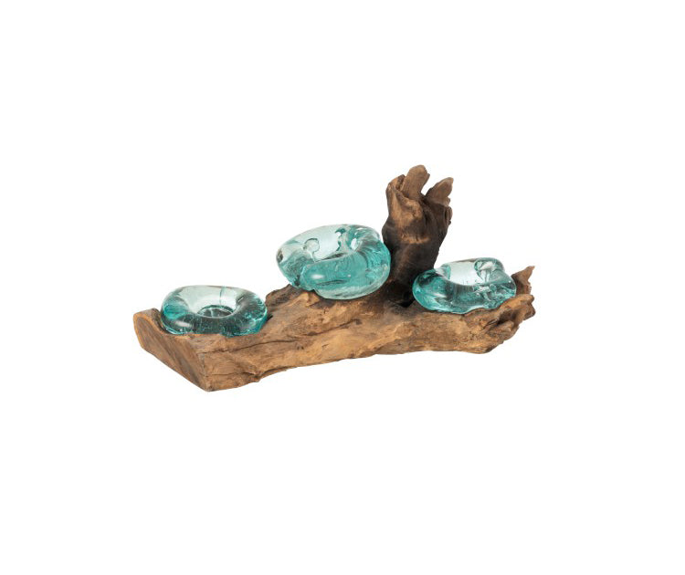 Tronco naturale con tre alloggi porta tealight in vetro fuso - 10841