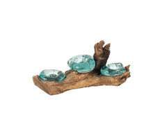 Tronco naturale con tre alloggi porta tealight in vetro fuso - 10841