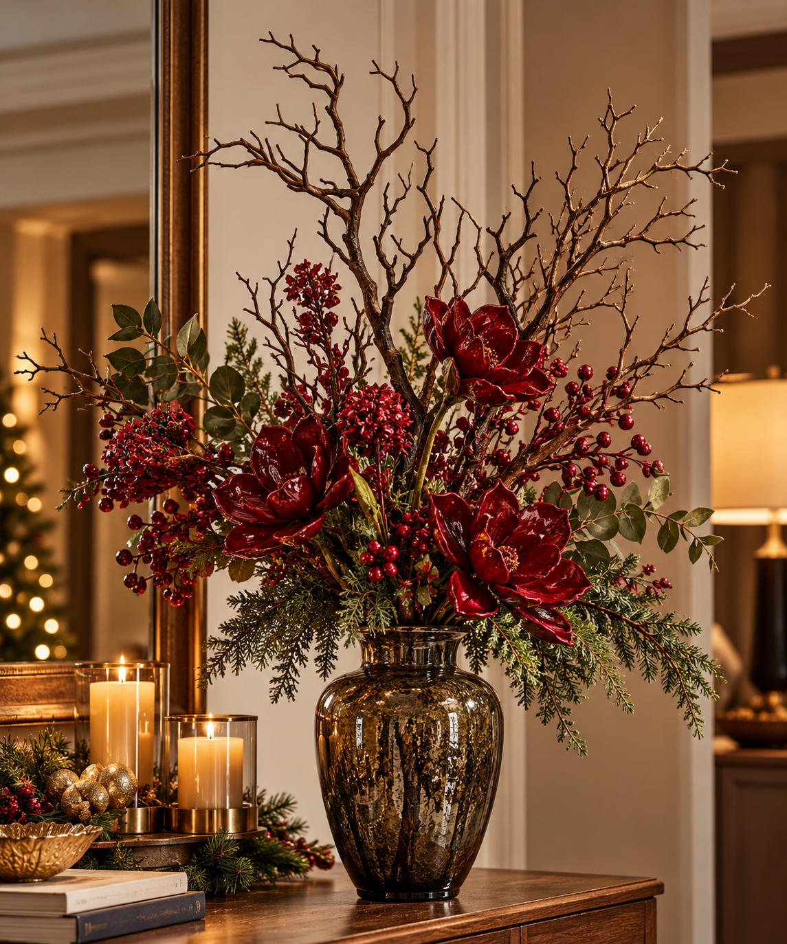 Ramo Artificiale Acacia H 69 cm ambientato in elegante composizione decorativa natalizia
