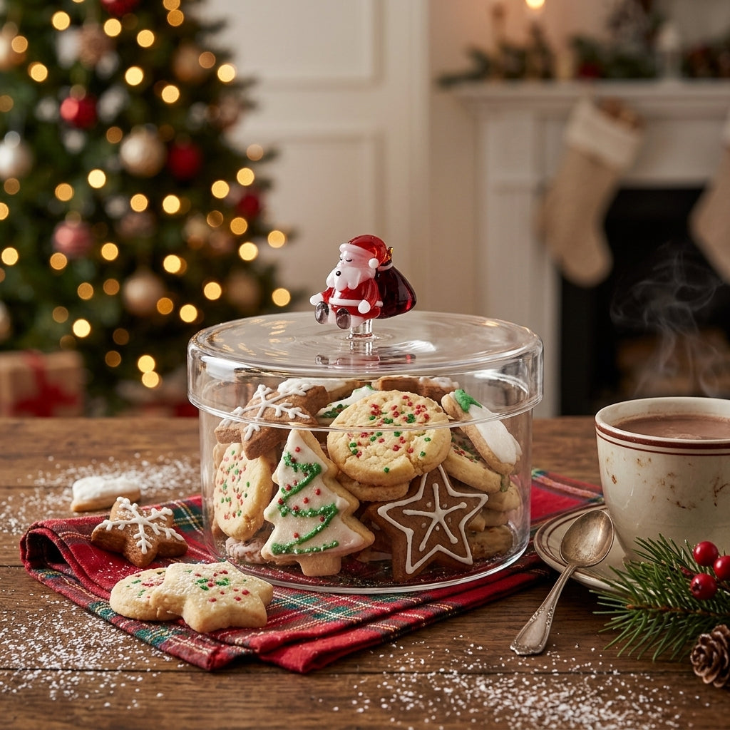 Scatola in vetro Christmas Tales Ichendorf Milano con Babbo Natale e sacco dei regali ambientata sulla tavola di Natale