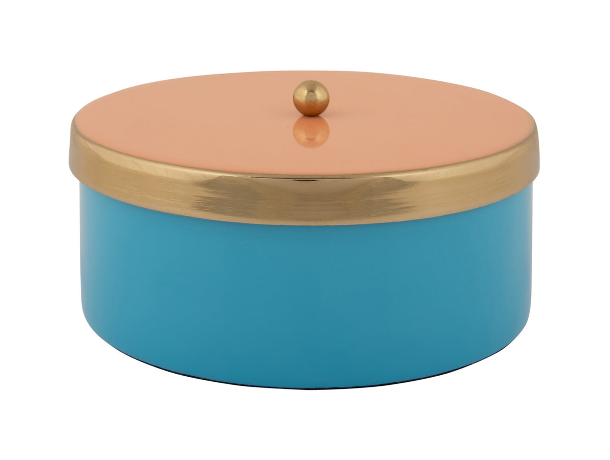 Present Time - Scatola Portaoggetti Funky &Oslash;16 CM in Metallo Azurro con Coperchio Pesca e Oro - PT4253BL