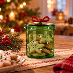Scatola in vetro verde con fiocco rosso Christmas Tales sulla tavola di Natale