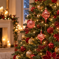Set 3 Addobbi Vortex EDG Enzo De Gasperi in vetro rosso ambientati su albero di Natale elegante