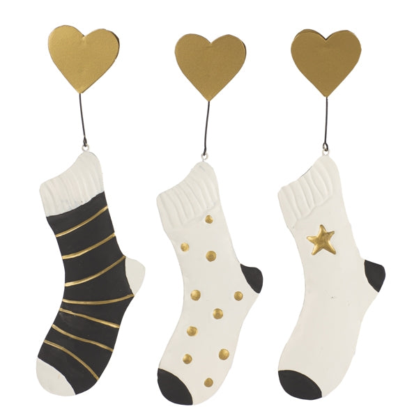 Set 3 calze natalizie in metallo bianco nero oro H25 cm