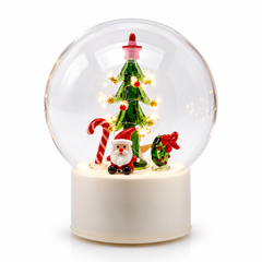 Sfera Twist natalizia in vetro EDG Enzo De Gasperi H18 cm con albero di Natale verde illuminato, Babbo Natale e dettagli multicolor, LED e movimento.