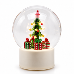 Sfera Twist natalizia in vetro EDG Enzo De Gasperi H18 cm con albero di Natale verde, pacchi regalo multicolor, illuminazione LED e movimento.