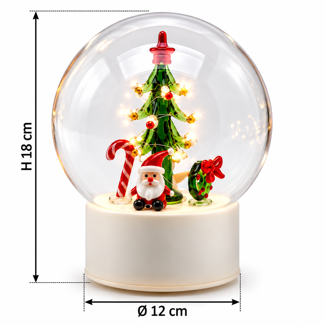 Sfera Twist natalizia EDG in vetro trasparente con albero di Natale e Babbo Natale, illuminazione LED e movimento, altezza 18 cm e diametro 12 cm.
