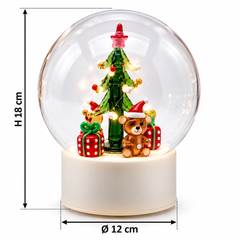 Sfera Twist natalizia EDG in vetro trasparente con albero di Natale, orsacchiotto e pacchi regalo, altezza 18 cm e diametro 12 cm.