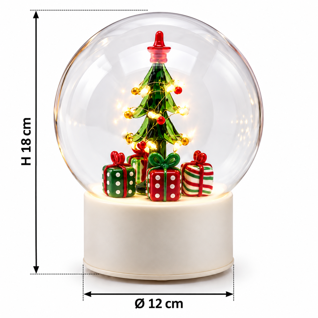 Sfera Twist natalizia EDG Enzo De Gasperi in vetro con albero di Natale illuminato a LED e pacchi regalo multicolor, altezza 18 cm e diametro 12 cm 