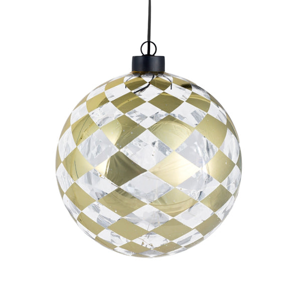 Sfera in vetro a scacchi oro con luce LED a batteria da appendere – D15 cm