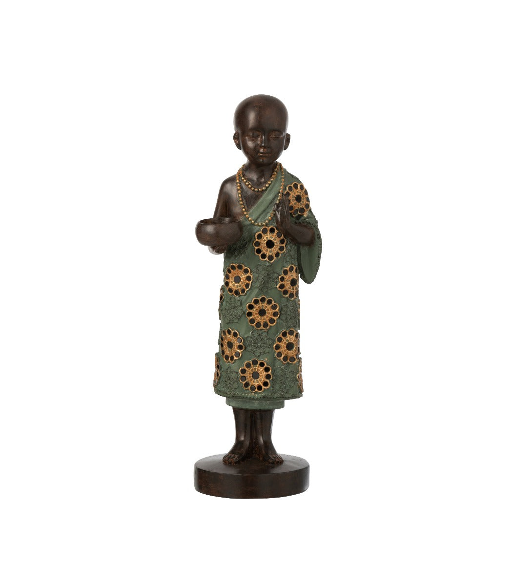 Statuetta porta T-Light Monaco tibetano in resina verde/oro - 11645
