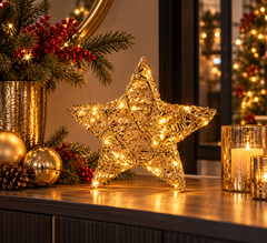 Stella LED Stripes Oro Ø 30 cm EDG Enzo De Gasperi ambientata con decorazioni natalizie e MicroLED a luce calda
