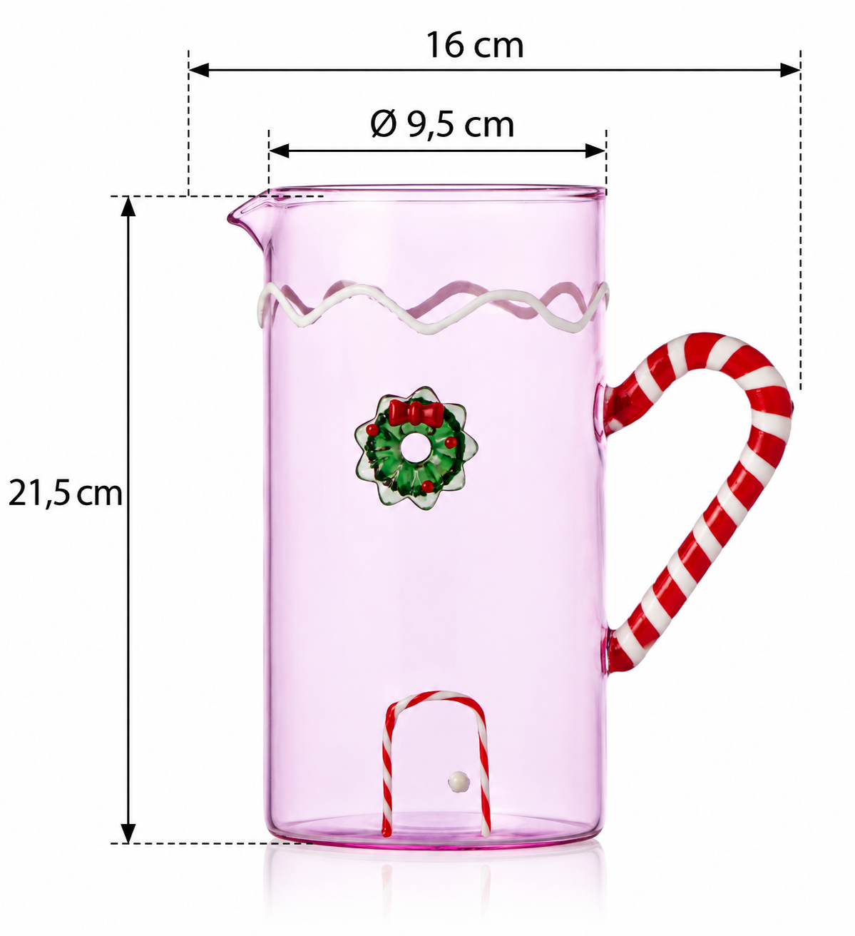 Brocca rosa Sweet & Candy con manico a bastoncino di zucchero rosso e bianco Ichendorf Milano con dimensioni