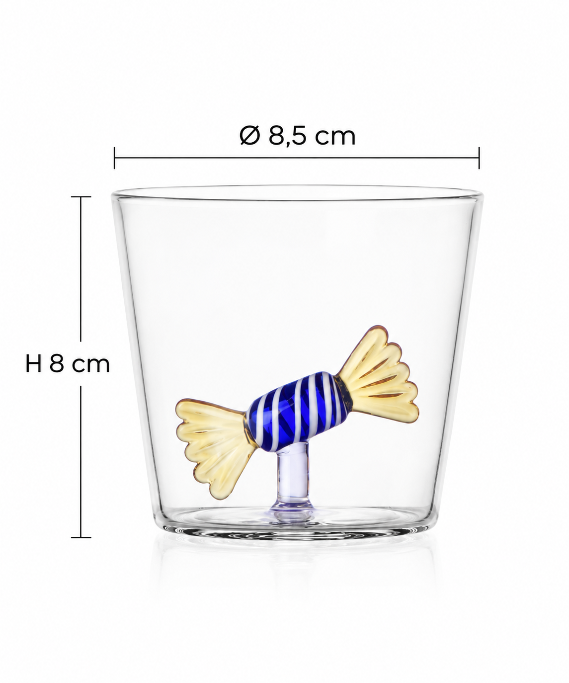 Tumbler Sweet & Candy con caramella gialla e azzurra in vetro Ichendorf Milano H 8 cm Ø 8,5 cm