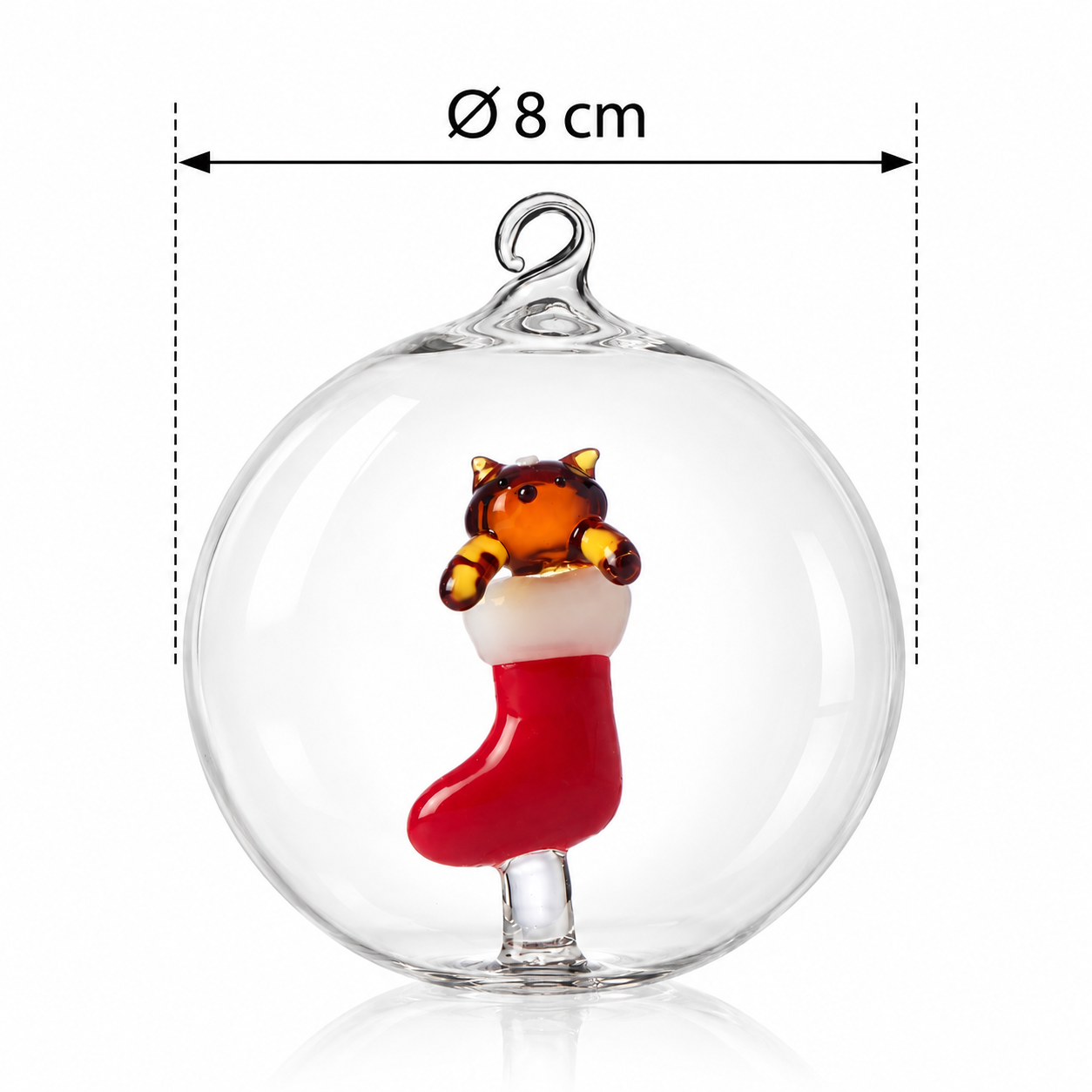 Palla di Natale Tabby Cat Ichendorf Milano con gatto nella calza rossa in vetro con misure