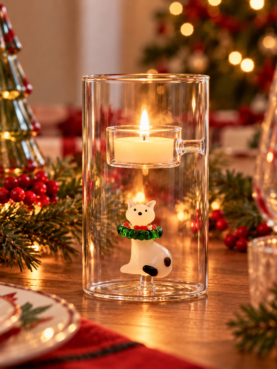 Tealight Tabby Cat Christmas Ichendorf Milano con gatto bianco e ghirlanda natalizia, ambientazione natalizia