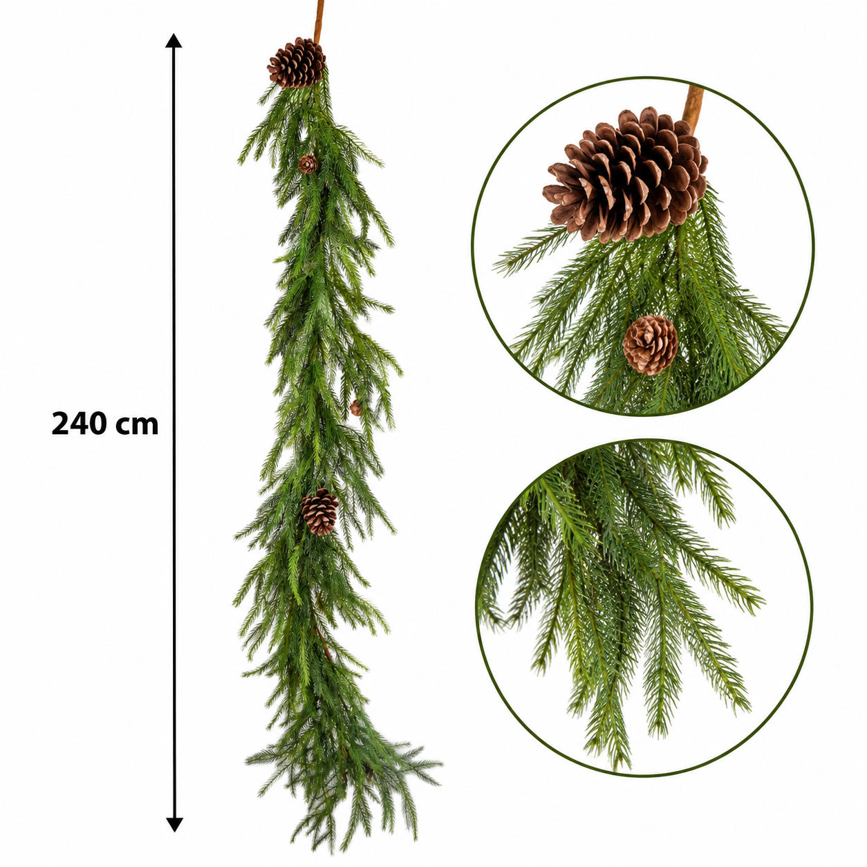 Dimensioni tralcio natalizio di Cryptomeria con pigne lunghezza 240 cm