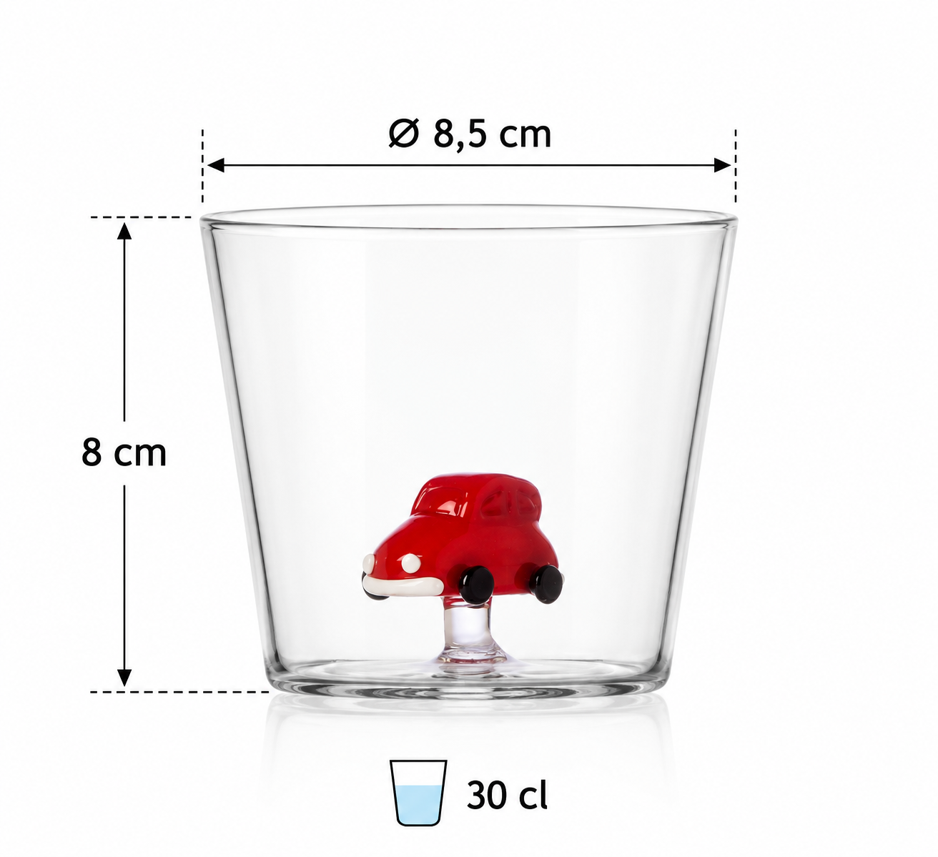 Tumbler Macchina Rossa Sweet & Candy Ichendorf Milano in vetro trasparente indicazioni misure 