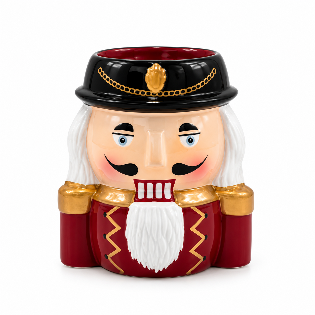 Vasetto portavaso natalizio Soldatino Schiaccianoci Rosso in ceramica H 12 cm con cappello nero, dettagli dorati e apertura Ø 5,5 cm.
