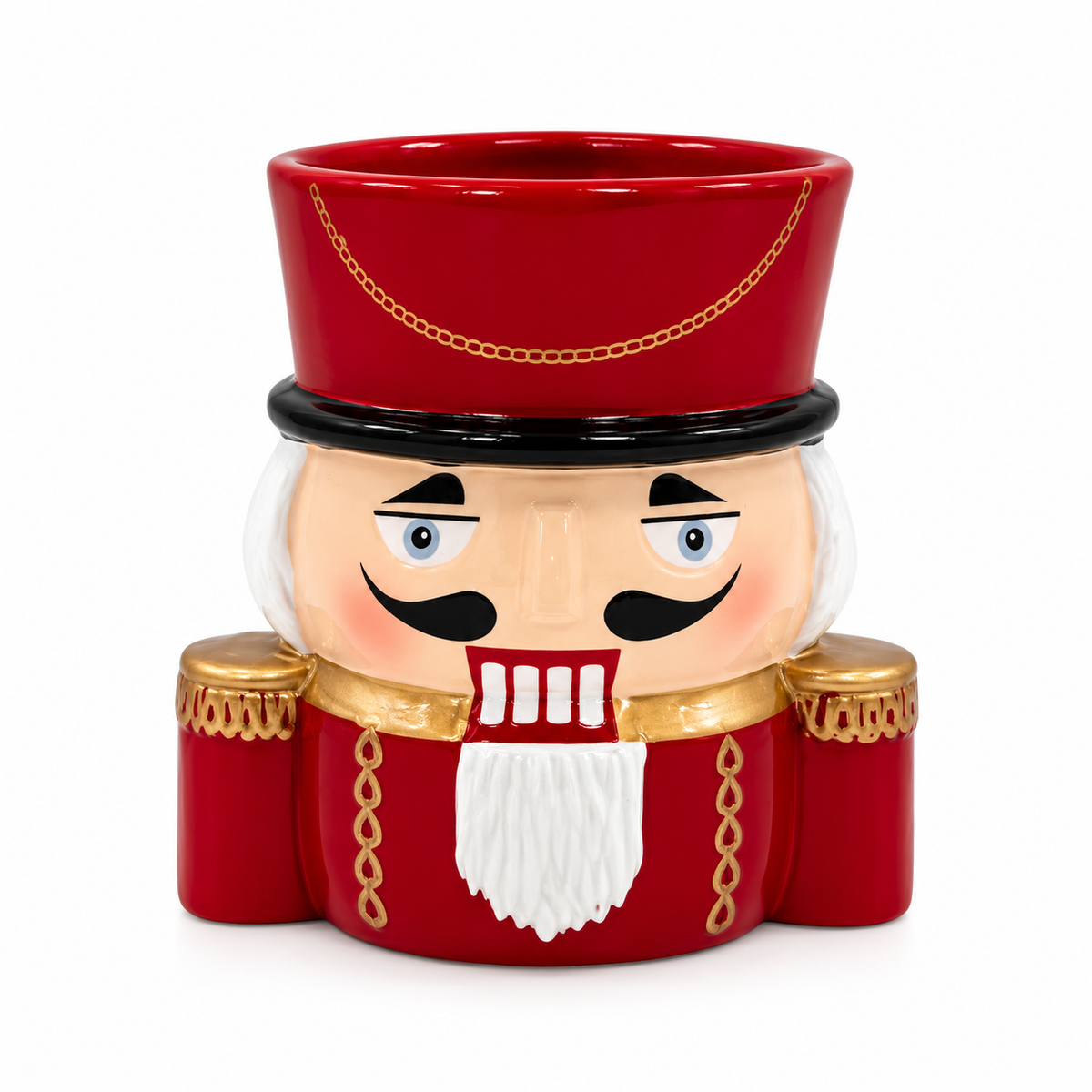 Vasetto portavaso Soldatino Schiaccianoci Rosso in ceramica H 15 cm, con cappello rosso, dettagli dorati e apertura Ø 9 cm su sfondo bianco.