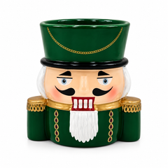 Vasetto portavaso Soldatino Schiaccianoci Verde in ceramica H 15 cm, con cappello verde, dettagli dorati e apertura Ø 9 cm su sfondo bianco.
