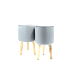 Vaso in metallo grigio su piedi in legno  - CONFIG0172