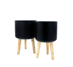 Vaso in metallo nero su piedi in legno  - CONFIG0170