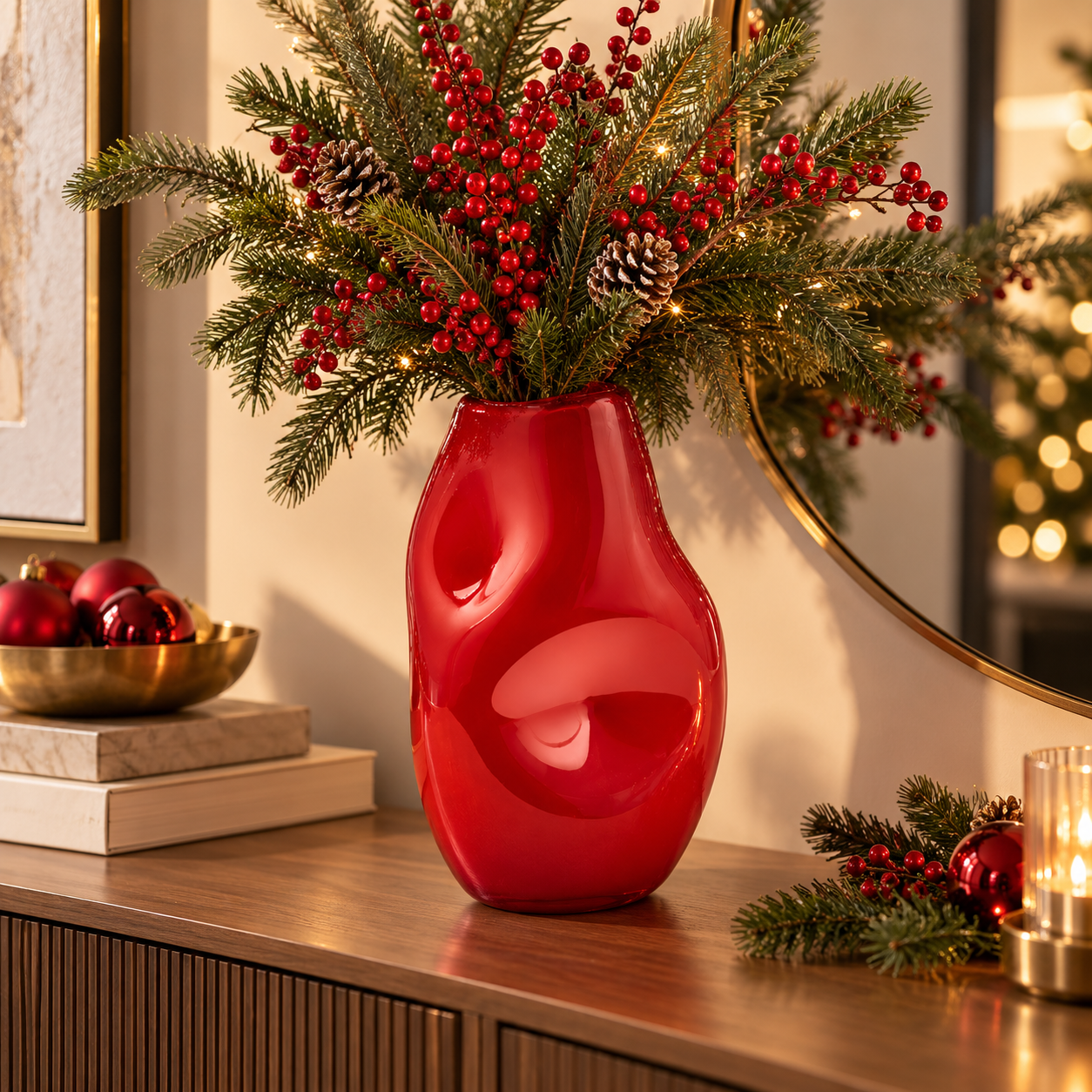 Vaso Ammaccato EDG Enzo De Gasperi in vetro rosso con rami di abete e decorazione natalizia