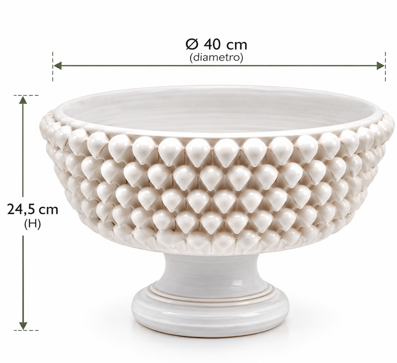 Vaso Ciotola Fenice Pigna con piede EDG Enzo De Gasperi in ceramica bianca, dimensioni H 24,5 × Ø 40 cm.