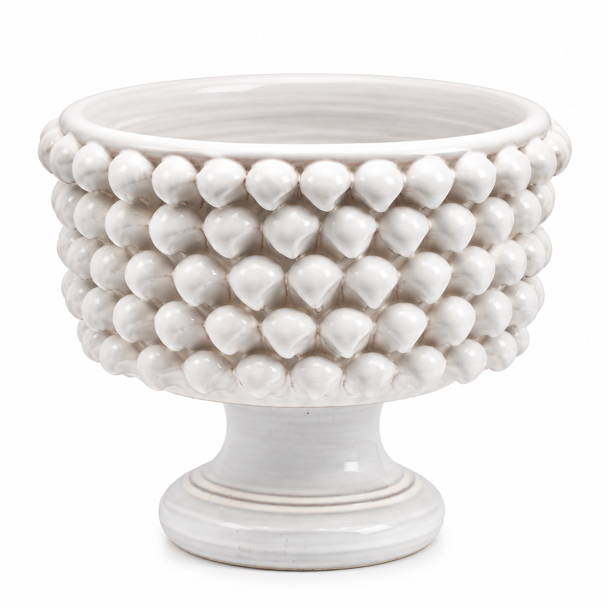 Vaso Ciotola Fenice Pigna con piede EDG Enzo De Gasperi in ceramica bianca H 24,5 × Ø 28 cm.