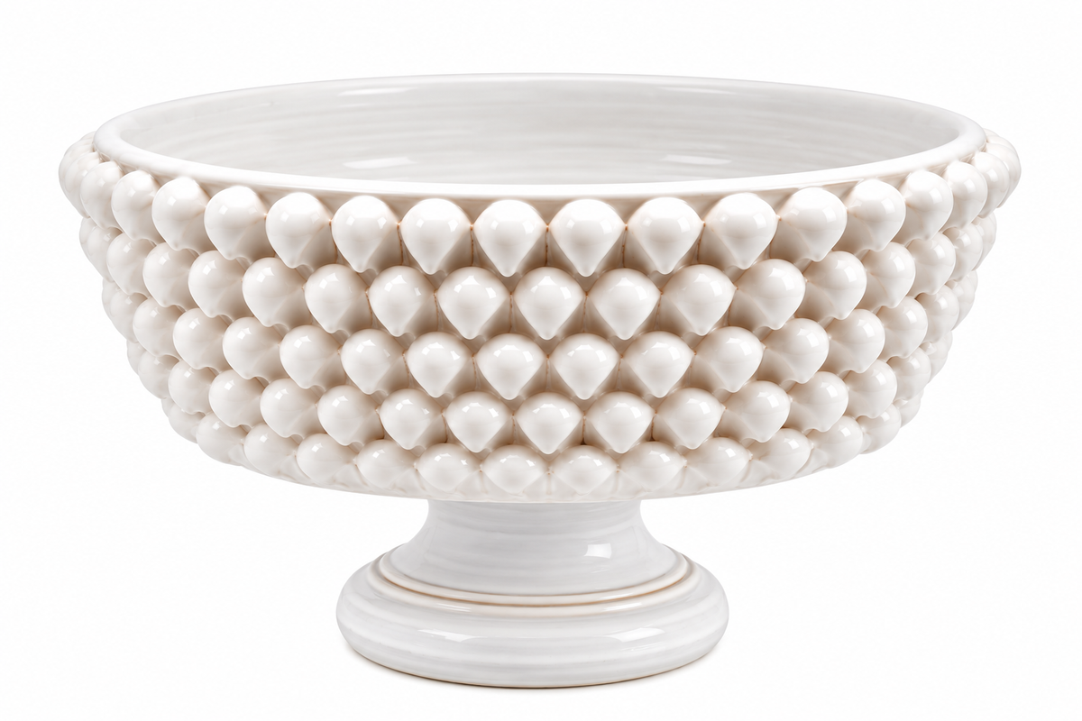 Vaso Ciotola Fenice Pigna con piede EDG Enzo De Gasperi in ceramica bianca H 24,5 × Ø 40 cm.