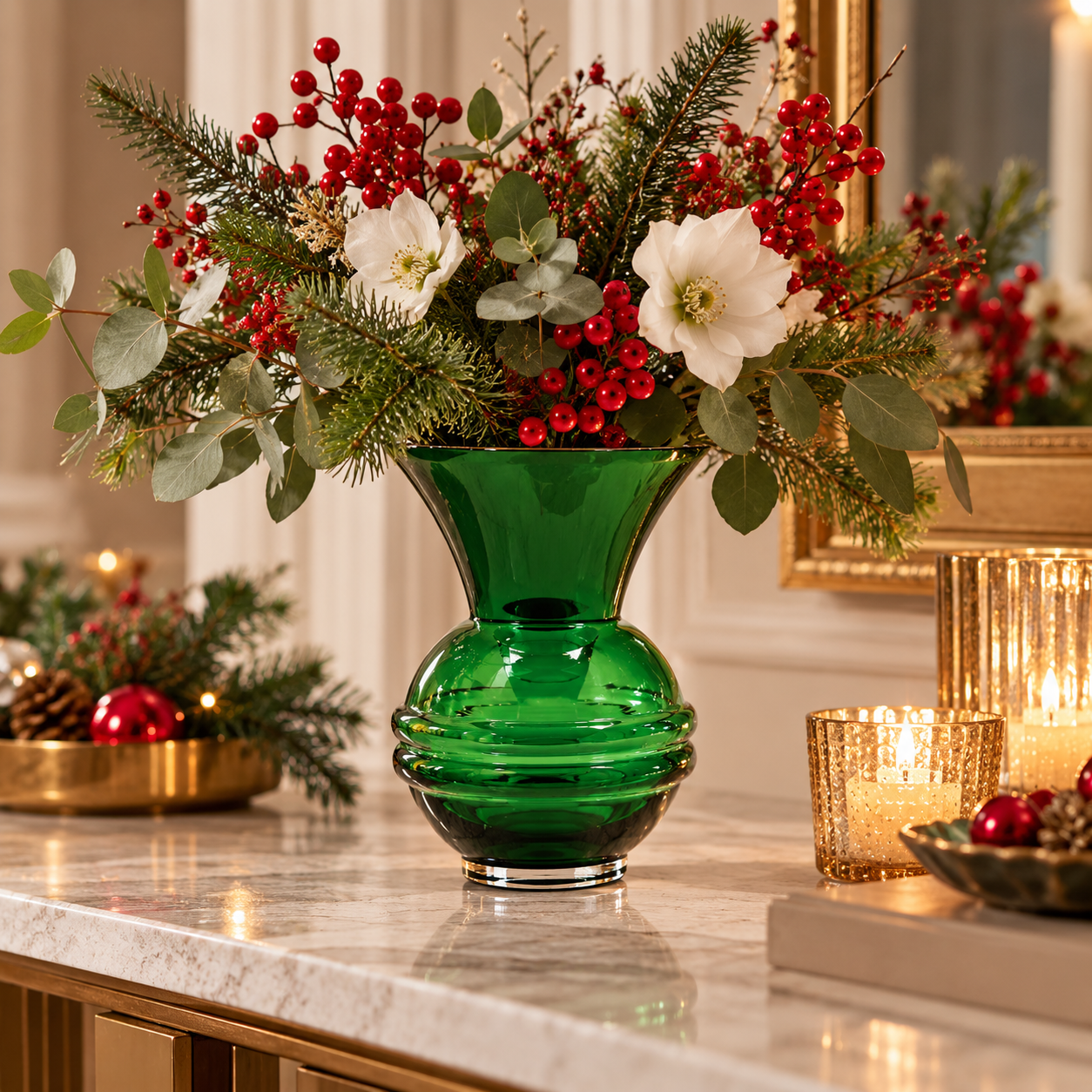 Vaso Coppa Verde EDG Enzo De Gasperi H 20 × Ø 15 cm ambientato con composizione floreale elegante