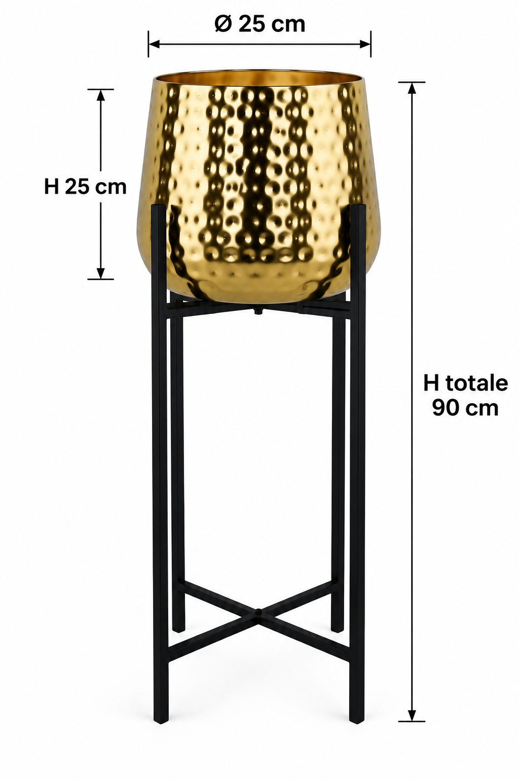 Vaso decorativo oro con supporto nero L dimensioni Ø25 H90 cm