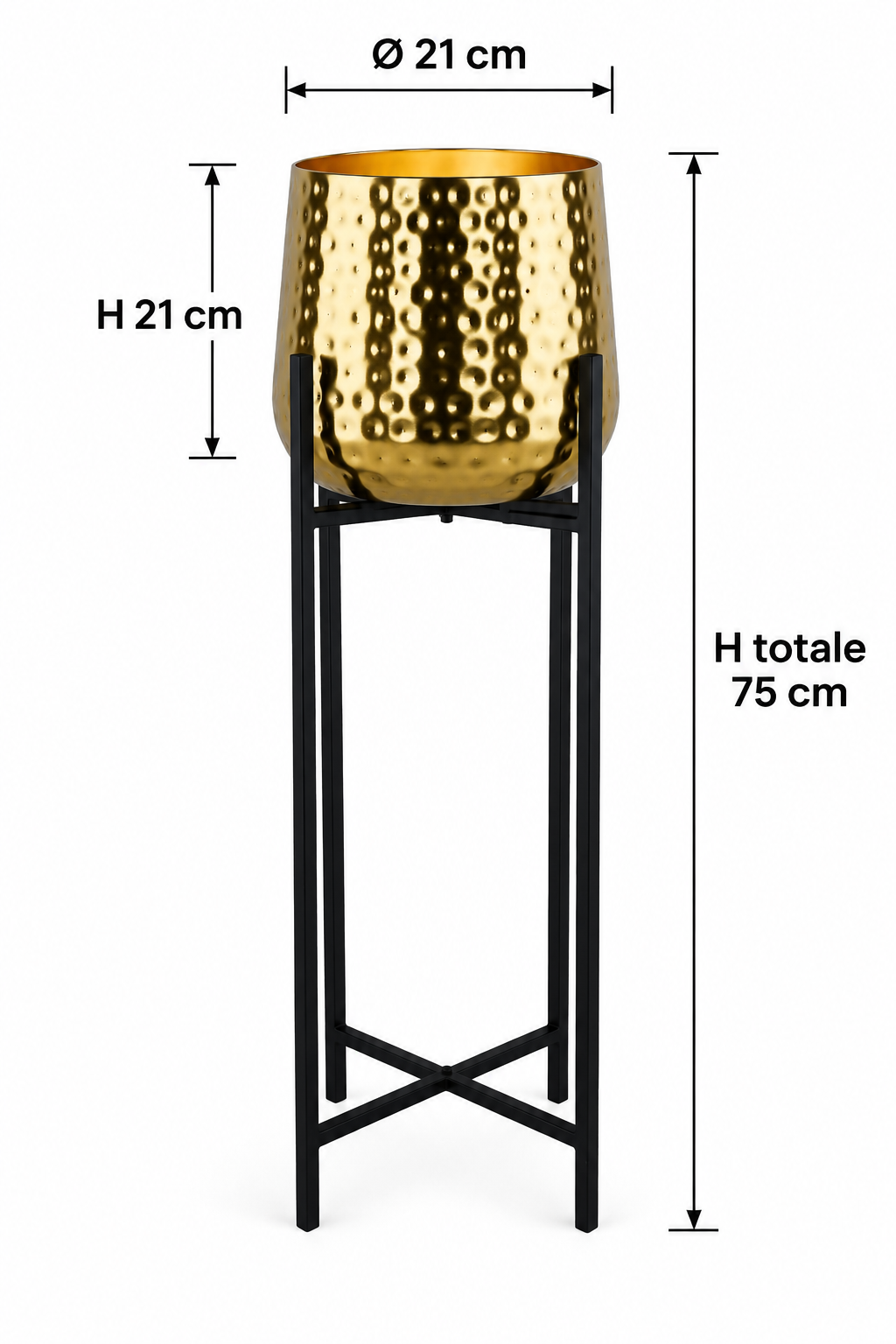 Dimensioni vaso in alluminio oro con supporto nero Ø21 cm H75 cm
