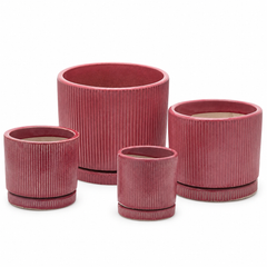 Vaso Glaze Righe Rotondo EDG in Terracotta Corallo H19 con Sottopiatto Integrato